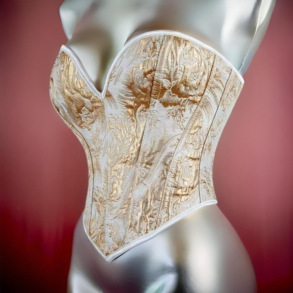 New Medium Gold Metallic Jacquard Lace Up Sweetheart Corset Bustier Regency